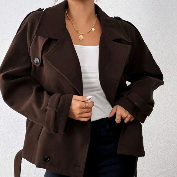 Casual Collared Short Woolen Jacket With Design Details - Picture 1 of 4